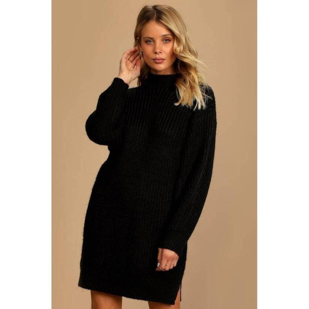 Lulus Favorite Weather Black Ribbed Knit Sweater Dress - Size L